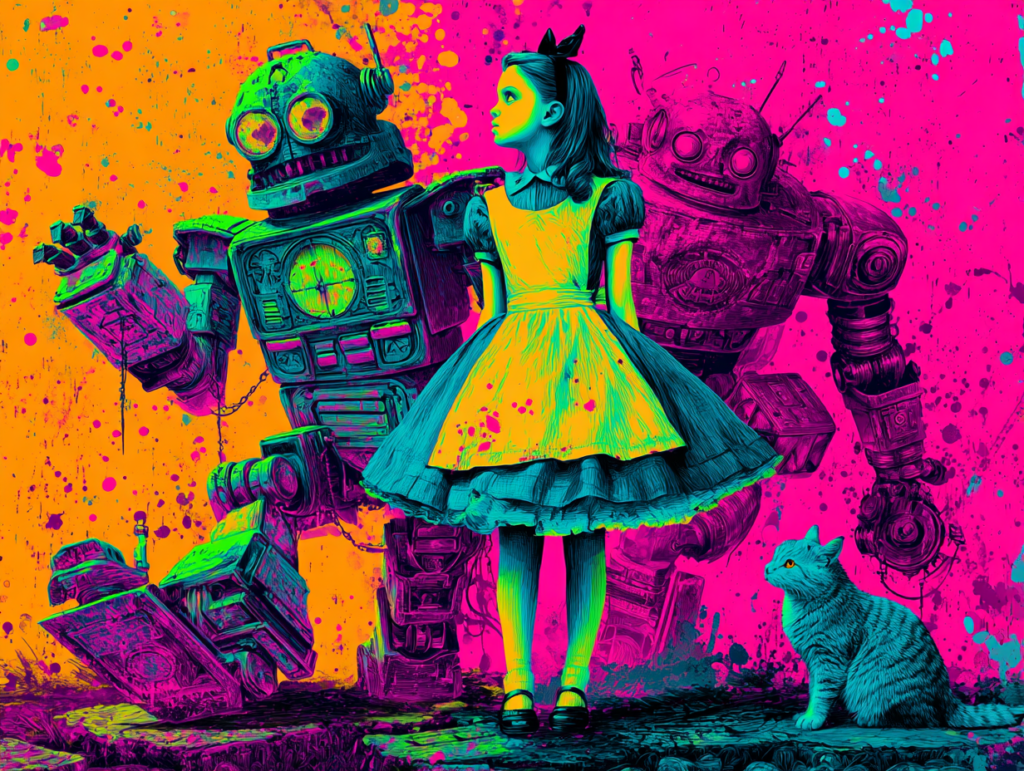 Alice in Wonderland–inspired illustration of a child standing between robots, symbolizing judgment, human agency, and thinking in an AI-driven world