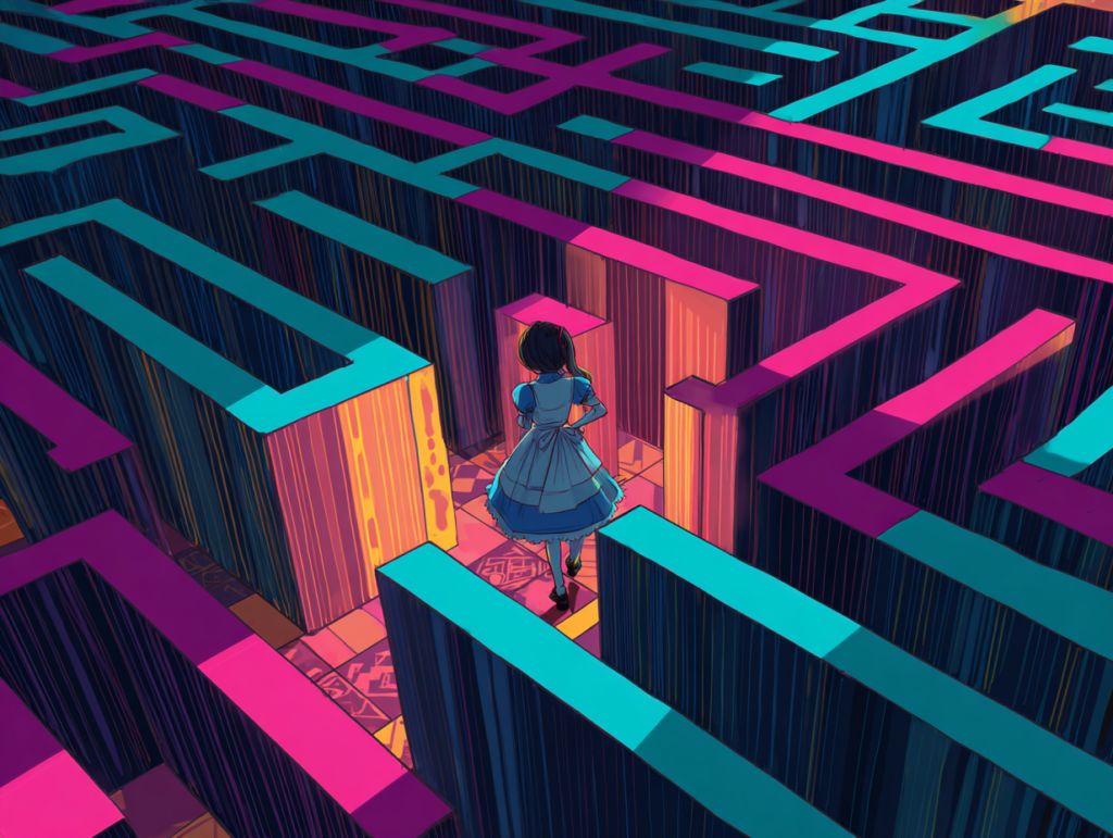 Alice in Wonderland–inspired illustration of a child navigating a labyrinth, symbolizing judgment, decision-making, and thinking under uncertainty in an AI-driven world