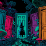 Illustration inspired by Alice in Wonderland showing a child facing many doors, symbolizing judgment, choice, and thinking beyond information in the age of AI