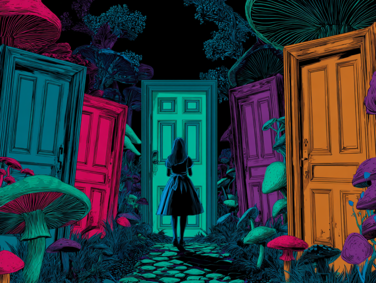 Illustration inspired by Alice in Wonderland showing a child facing many doors, symbolizing judgment, choice, and thinking beyond information in the age of AI