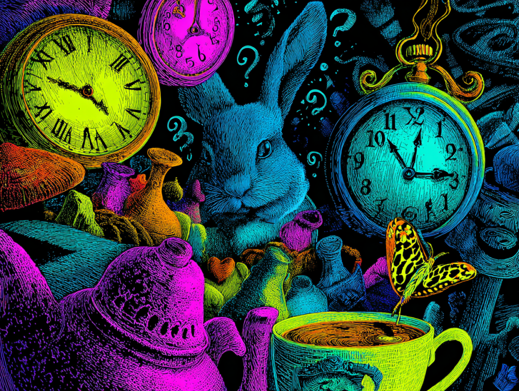 Surreal Alice in Wonderland–inspired illustration with clocks, a rabbit, and symbolic objects, representing boredom, empty time, and the experience of waiting and uncertainty in childhood development