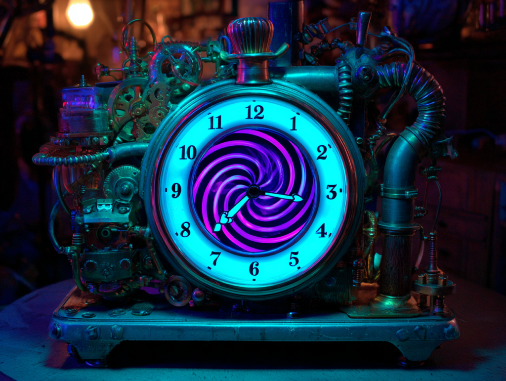 Steampunk-style machine with a glowing clock and spiral center, symbolizing attention loops, time optimization, and how tech profit models shape user behavior