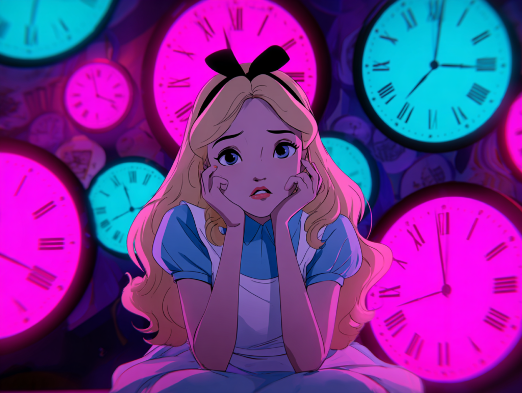 Illustration of a bored child surrounded by clocks, symbolizing empty time, boredom, and the psychological importance of unstructured moments in childhood development