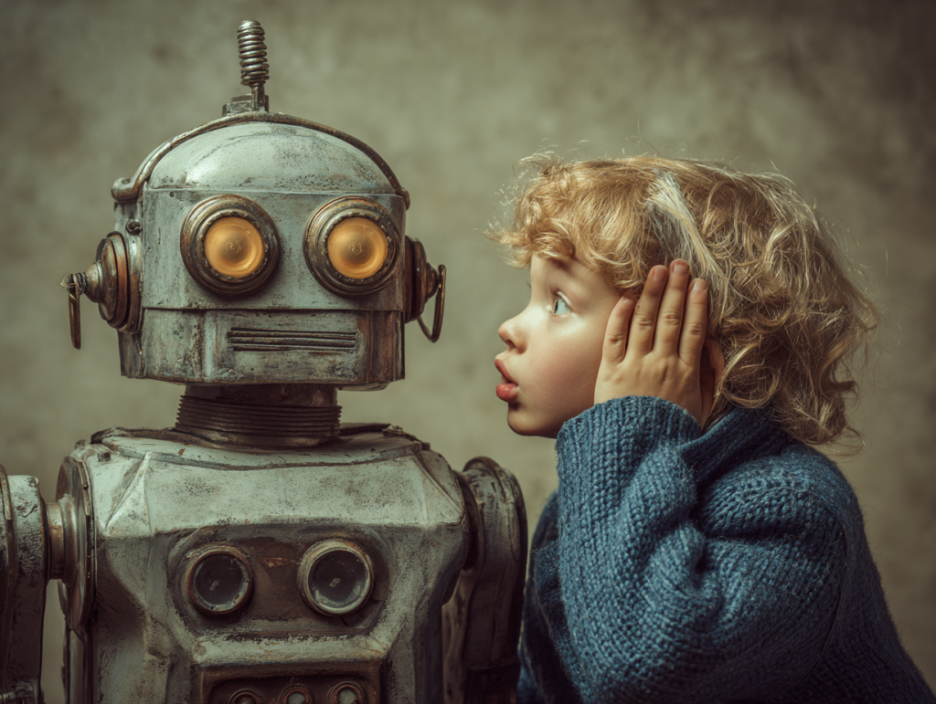 A young child listening closely to a robot, symbolizing the growing presence of artificial intelligence in children’s lives and its influence on learning and development