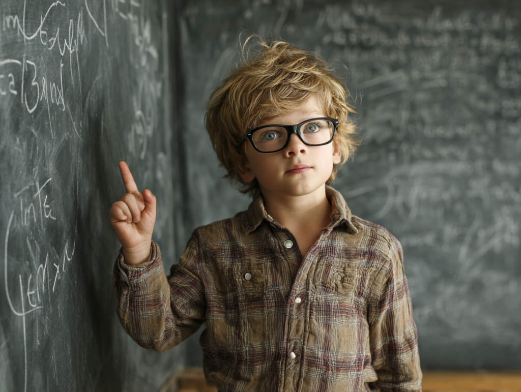 A child standing in front of a chalkboard, representing curiosity, learning, and the importance of psychology literacy and developmental understanding
