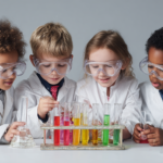 Children wearing safety goggles conduct a hands-on experiment together, symbolizing childhood learning and the shared experiment of growing up in the age of AI
