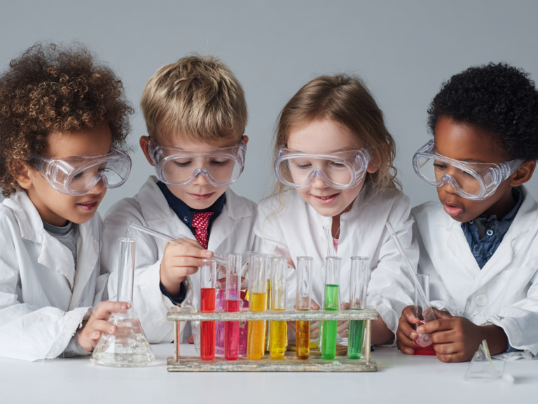 Children wearing safety goggles conduct a hands-on experiment together, symbolizing childhood learning and the shared experiment of growing up in the age of AI