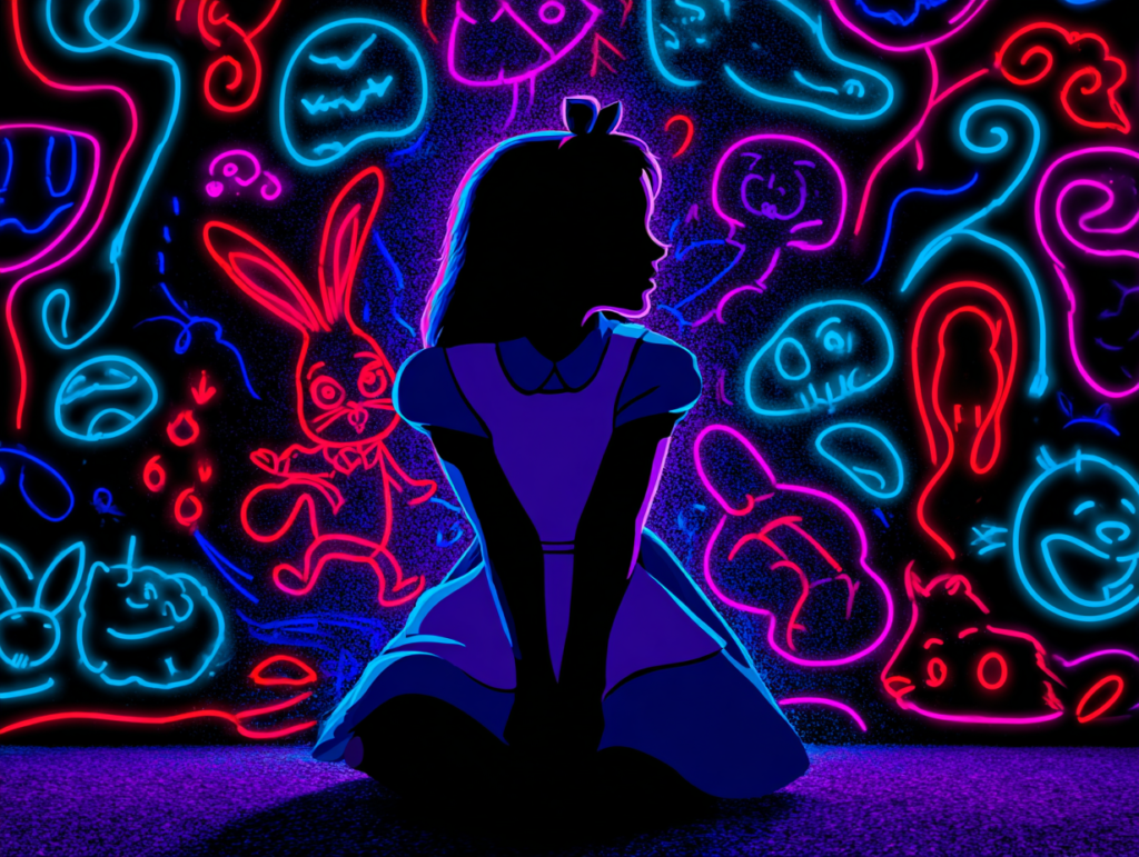 Symbolic illustration of a child surrounded by glowing digital shapes and abstract figures, representing how digital environments and attention-driven platforms influence children’s minds