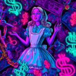 Illustration of a child surrounded by neon dollar signs, AI robots, and digital money symbols, representing how tech profit models and attention-based platforms influence children’s minds