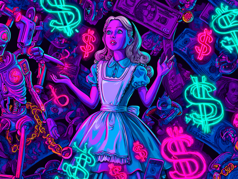 Illustration of a child surrounded by neon dollar signs, AI robots, and digital money symbols, representing how tech profit models and attention-based platforms influence children’s minds