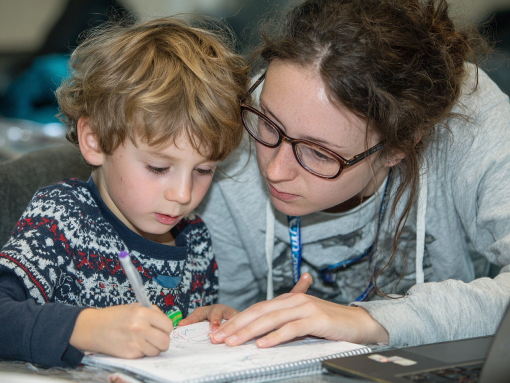 A parent helping a child write and think through a task together, illustrating the role of human guidance and psychological support in learning and development