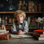 A child surrounded by books, symbolizing curiosity, learning, and the foundations of psychology literacy and child development
