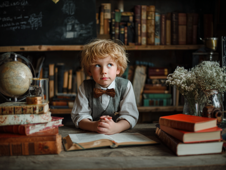 A child surrounded by books, symbolizing curiosity, learning, and the foundations of psychology literacy and child development