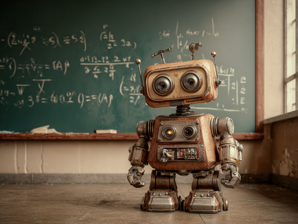 A small robot standing in a classroom in front of a chalkboard, symbolizing how artificial intelligence is entering children’s learning environments and raising questions about development and parenting