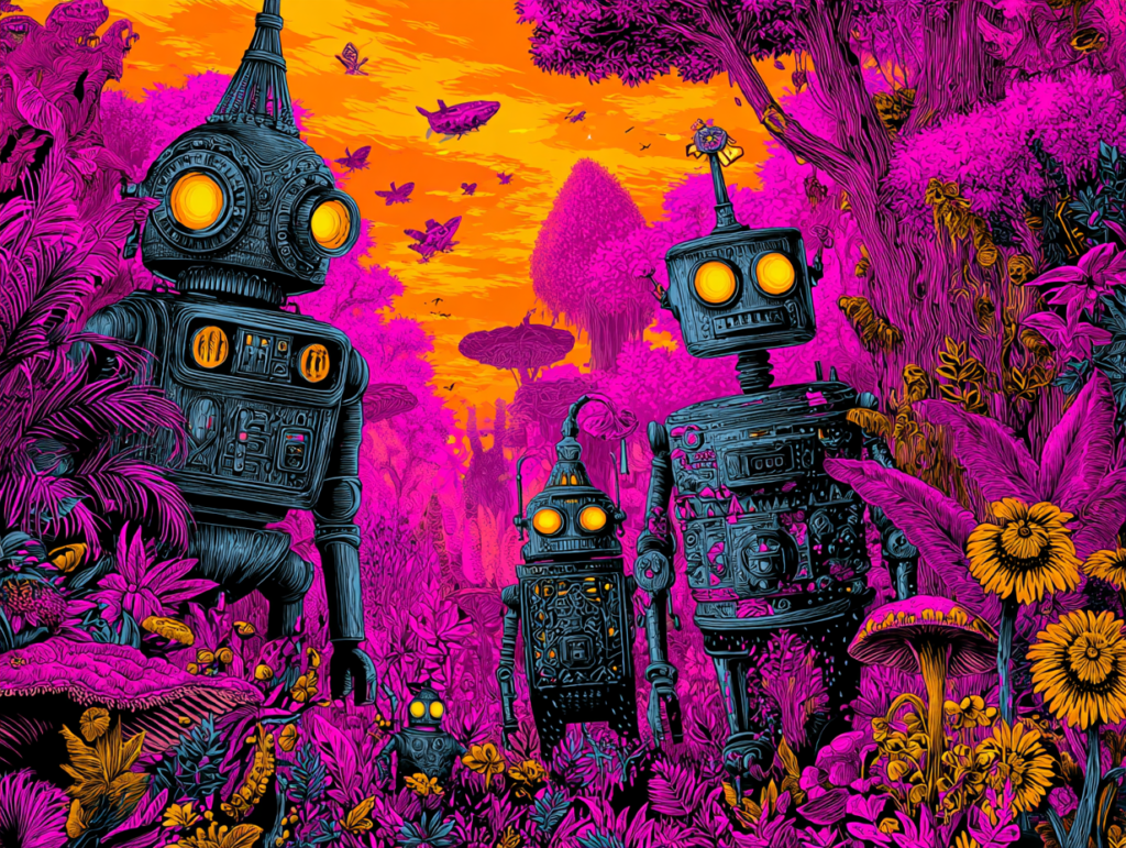 Surreal illustration of robots standing in a colorful forest, symbolizing an externally directed world where structure and guidance replace self-directed exploration and empty time