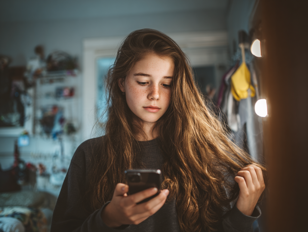 A teenage girl looks at her smartphone in her bedroom, reflecting digital childhood, identity formation, and everyday technology use