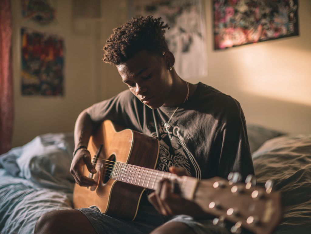 Teenager playing an acoustic guitar in their bedroom, illustrating adolescent creativity, emotional expression, and identity development