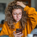 Teenage girl looking at her smartphone with a thoughtful expression, illustrating adolescent emotional development and the impact of social media on teenagers