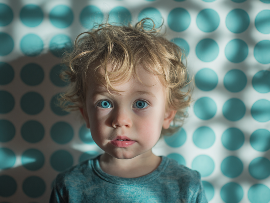 Young child looking directly at the camera, illustrating early attention, perception, and pattern recognition in childhood development