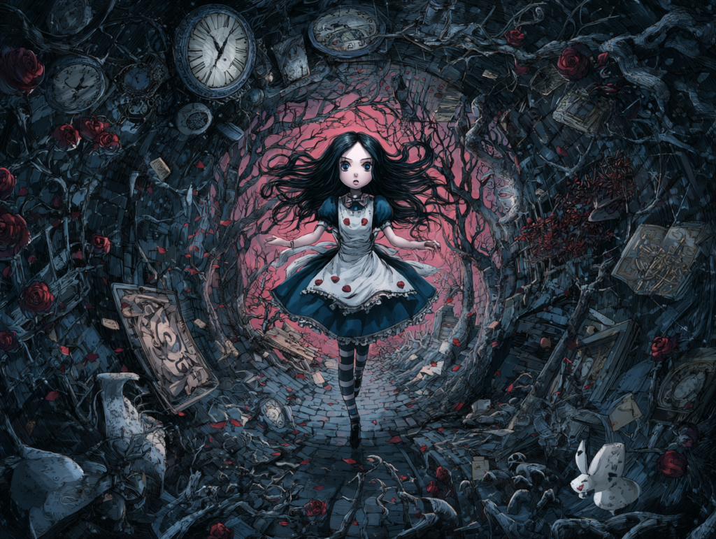 Illustration of a young girl falling through a dark rabbit hole symbolizing adolescent existential crisis, identity exploration, and meaning-making in the age of AI