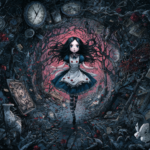 Illustration of a young girl falling through a dark rabbit hole symbolizing adolescent existential crisis, identity exploration, and meaning-making in the age of AI
