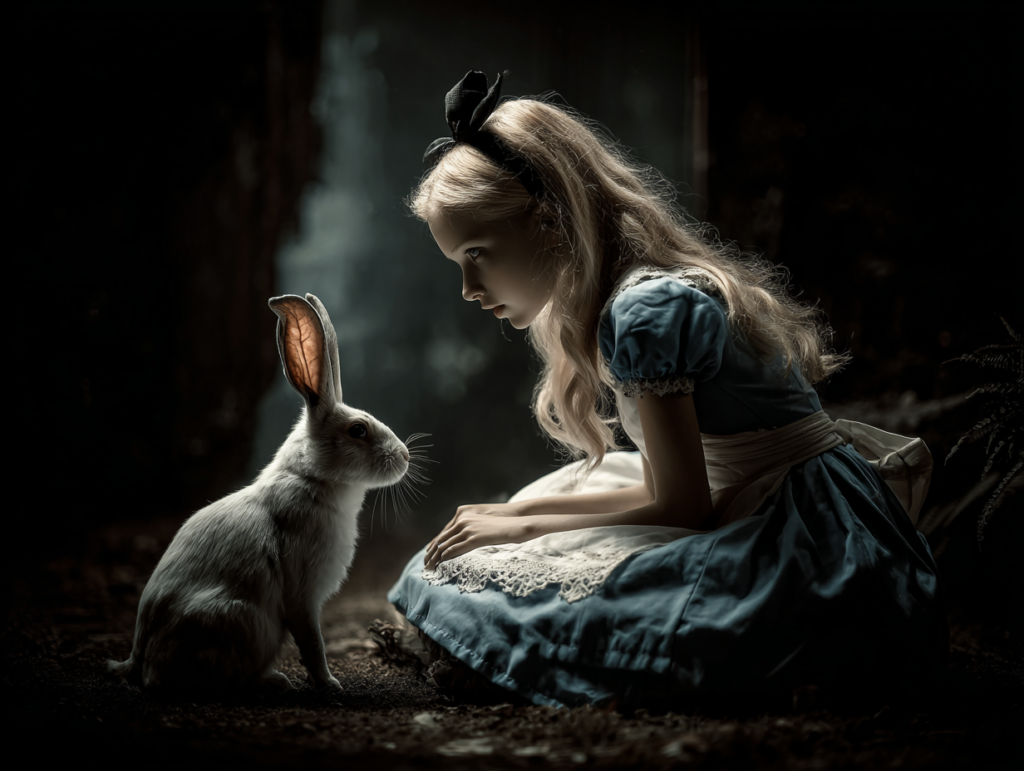 Dark Alice-inspired illustration of a young girl facing a rabbit, symbolizing adolescent existential crisis, identity questioning, and existential dialogue in the age of AI