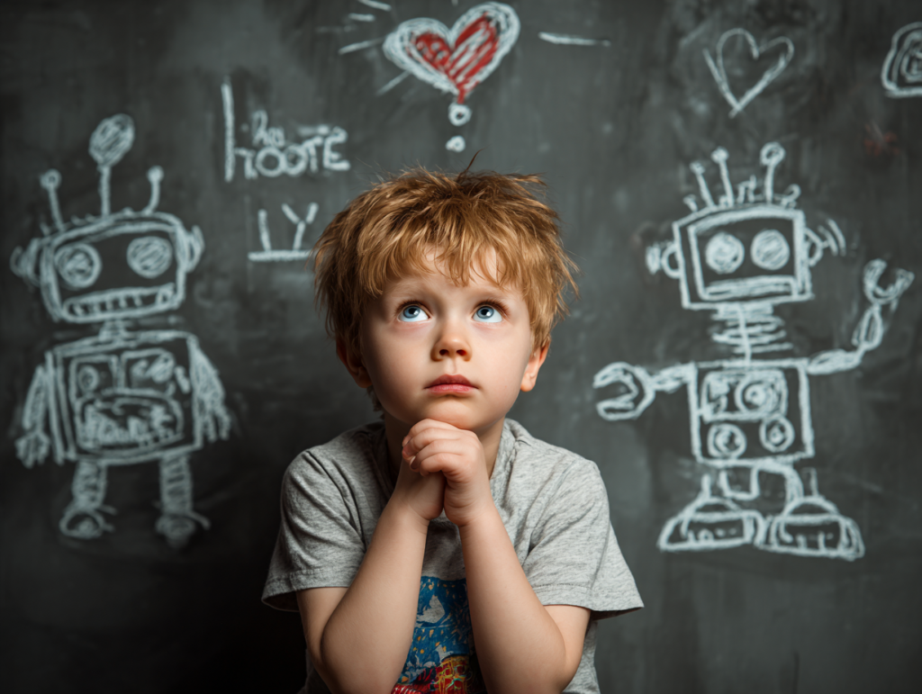 Child looking up thoughtfully with robot drawings on chalkboard symbolizing critical thinking in the age of AI