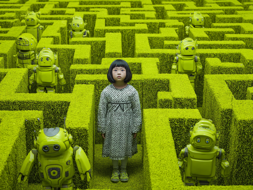 Child standing in a maze surrounded by robots symbolizing artificial intelligence influence and the challenge of developing an inner locus of evaluation