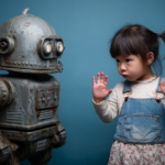 Young child gesturing pause toward a robot symbolizing critical thinking and independent minds in the age of AI