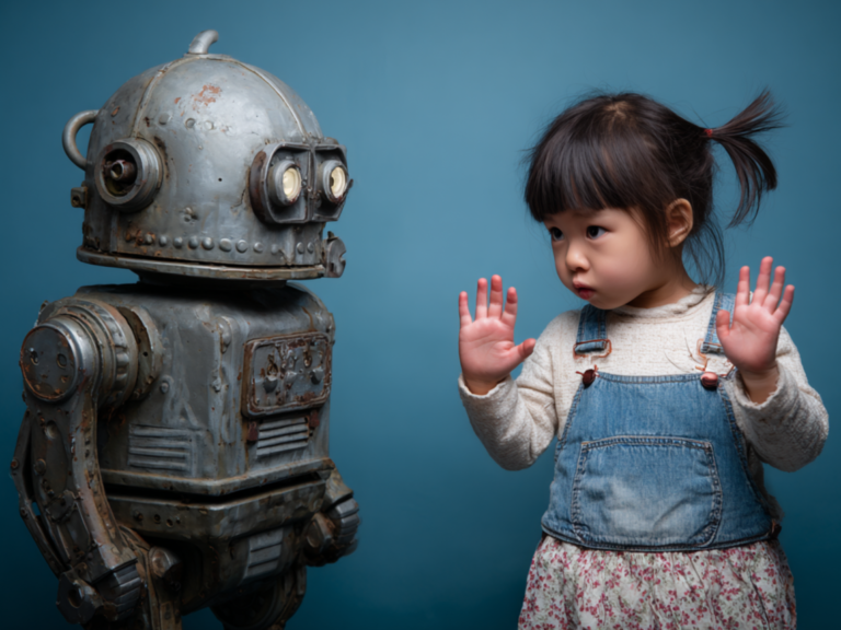 Young child gesturing pause toward a robot symbolizing critical thinking and independent minds in the age of AI