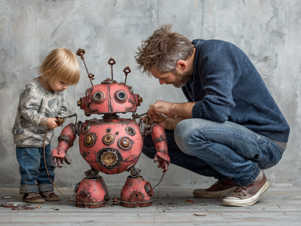 Parent guiding child while repairing a robot symbolizing critical thinking and raising independent minds in the age of AI