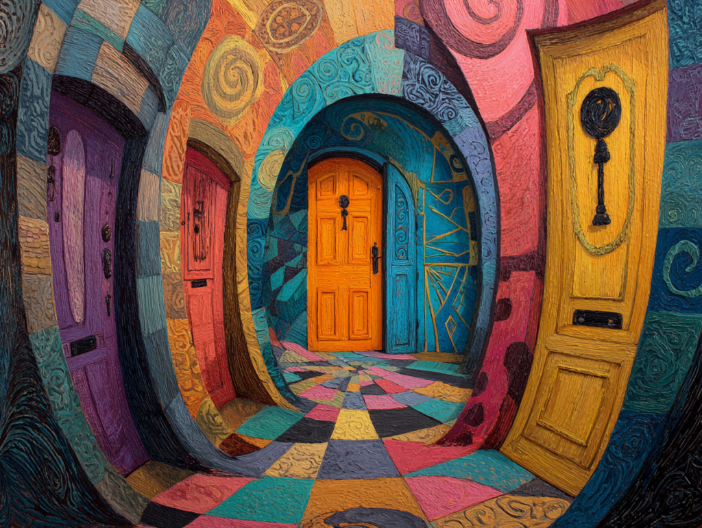 Surreal Alice in Wonderland–inspired corridor with multiple colorful doors, symbolizing developmental psychology, choice, judgment, and growing up in the age of AI