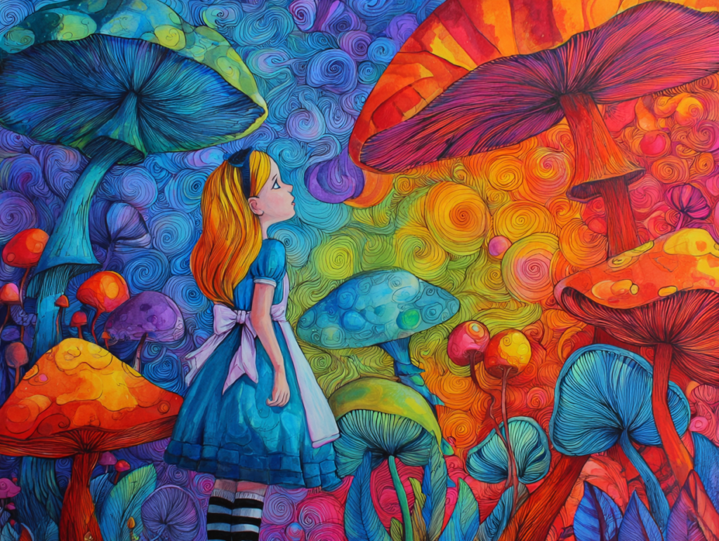 Illustration of a child inspired by Alice in Wonderland standing among colorful mushrooms, symbolizing developmental psychology, curiosity, and growing up in the age of AI