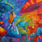 Illustration of a child inspired by Alice in Wonderland standing among colorful mushrooms, symbolizing developmental psychology, curiosity, and growing up in the age of AI
