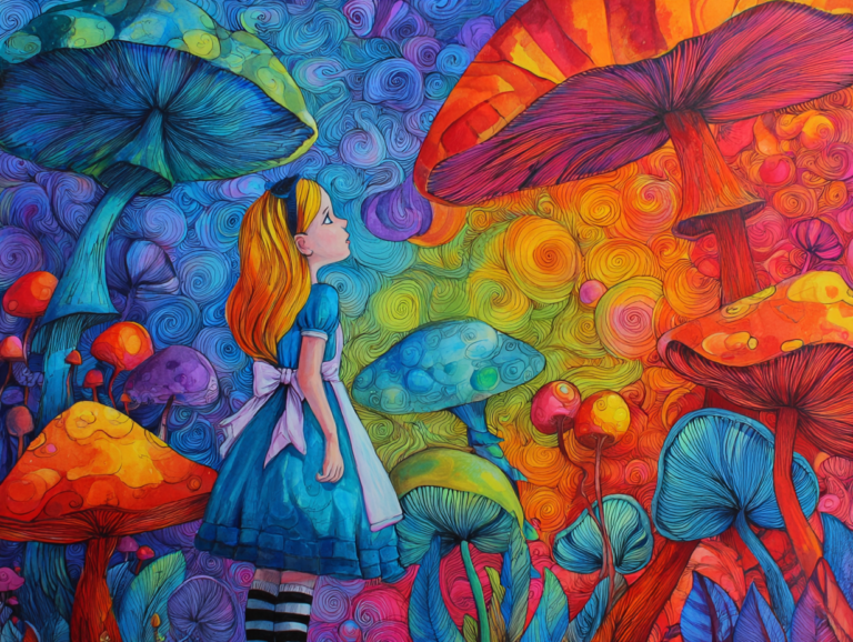 Illustration of a child inspired by Alice in Wonderland standing among colorful mushrooms, symbolizing developmental psychology, curiosity, and growing up in the age of AI