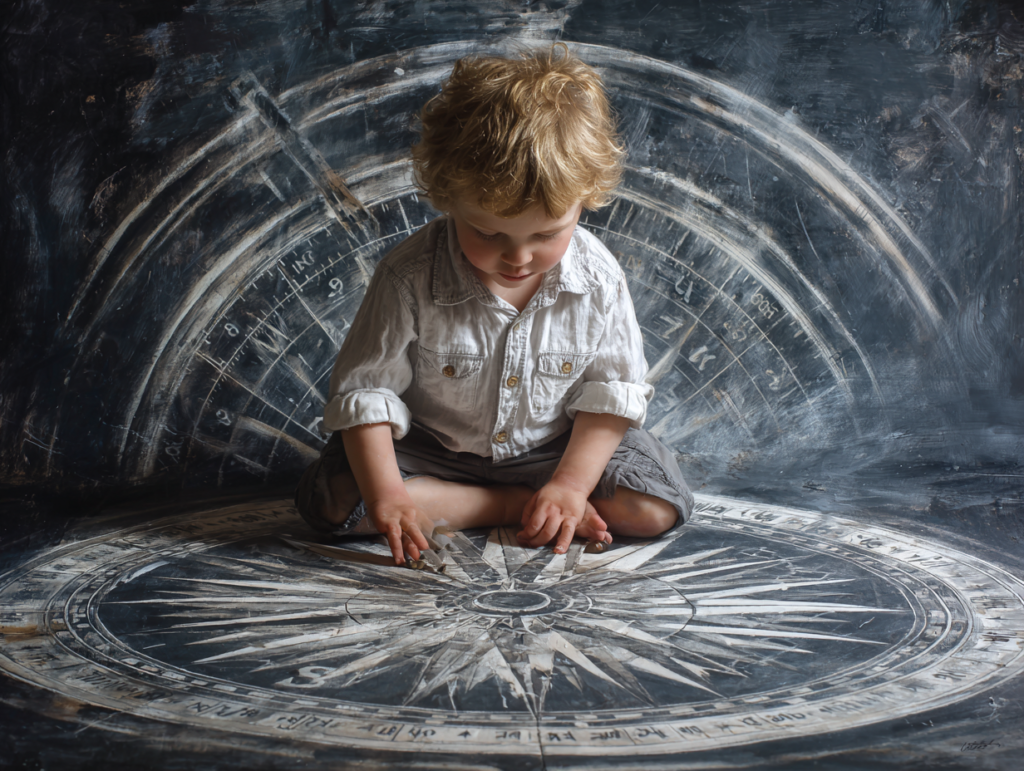 Child sitting on a large compass symbolizing inner locus of evaluation and self-guided thinking in the digital age