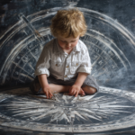 Child sitting on a large compass symbolizing inner locus of evaluation and self-guided thinking in the digital age