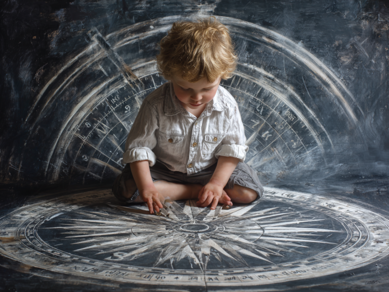Child sitting on a large compass symbolizing inner locus of evaluation and self-guided thinking in the digital age