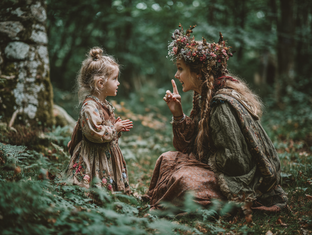 Parent and child having a reflective conversation in nature symbolizing the development of an inner locus of evaluation