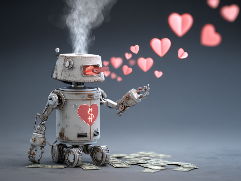 Robot emitting hearts while standing on money, symbolizing how AI algorithms and digital platforms use attention and emotion to generate profit in the online economy