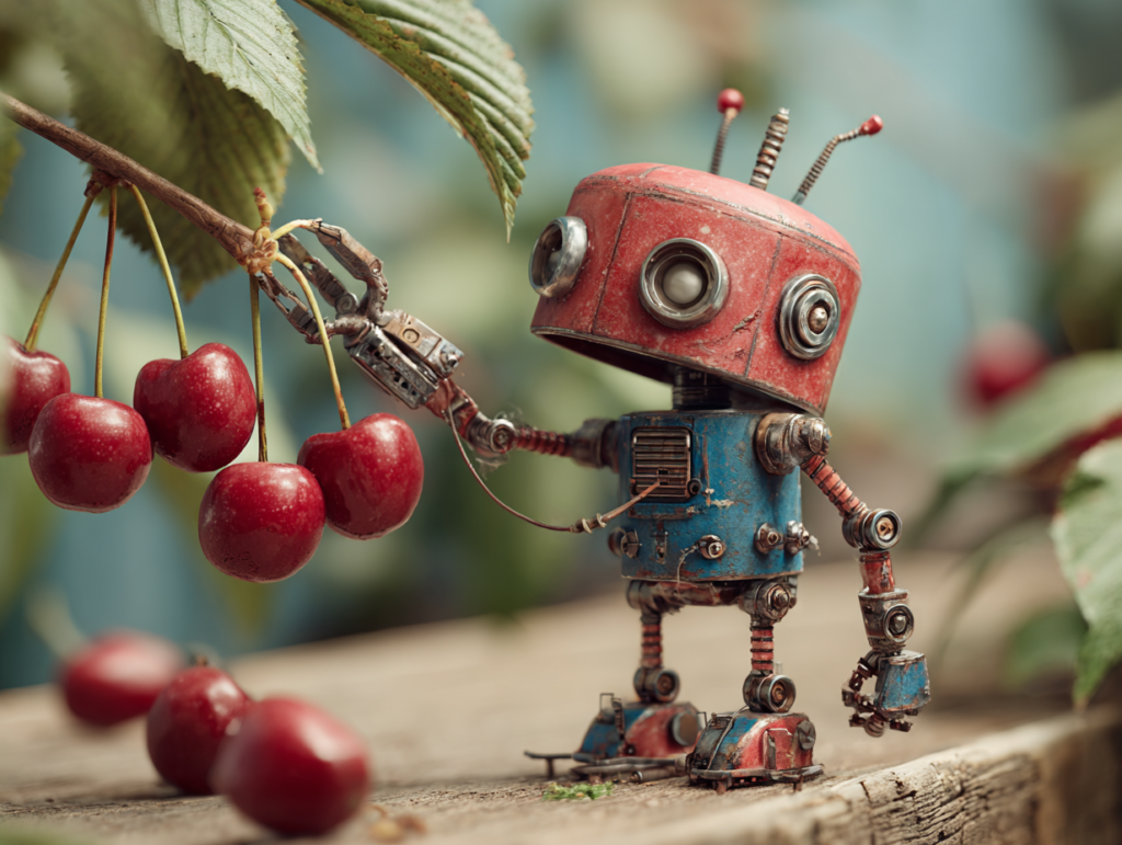 Robot selecting cherries as a metaphor for AI echo chambers filtering content and shaping a child’s perception