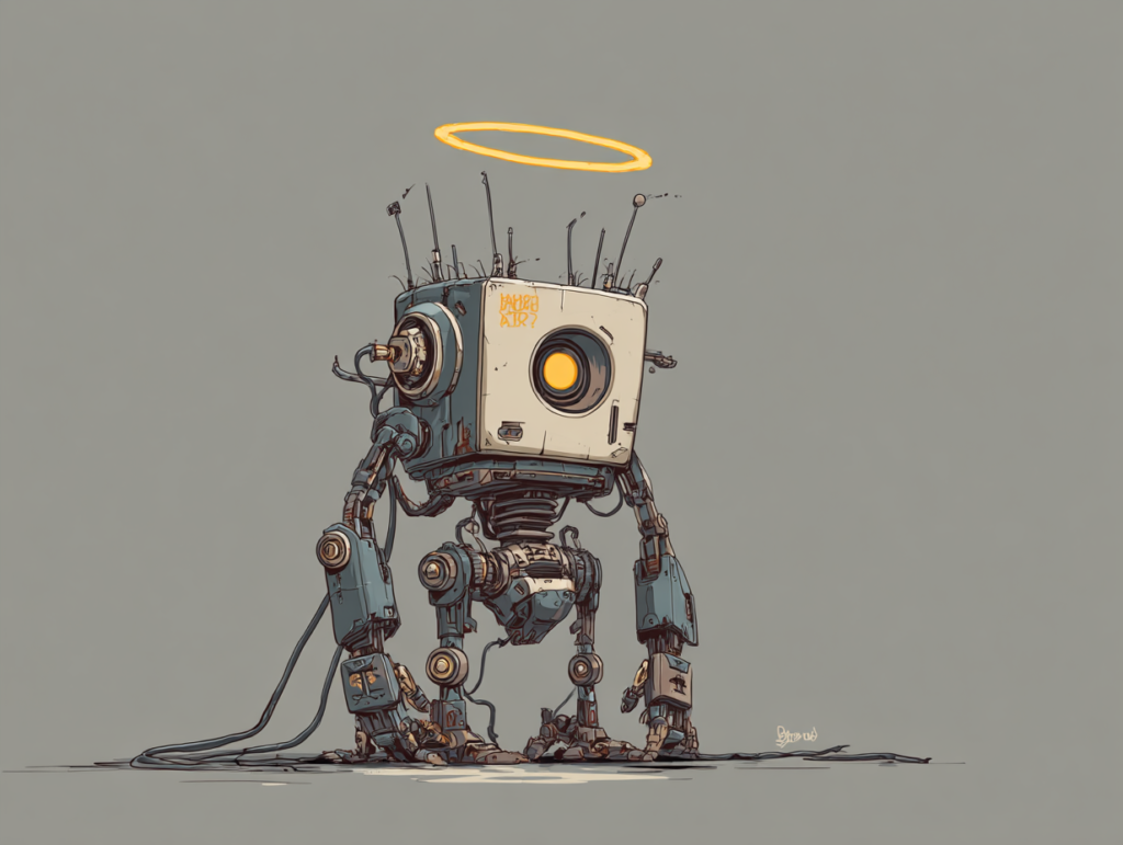 Robot with a halo symbolizing how AI echo chambers make filtered content feel trustworthy and shape a child’s perception