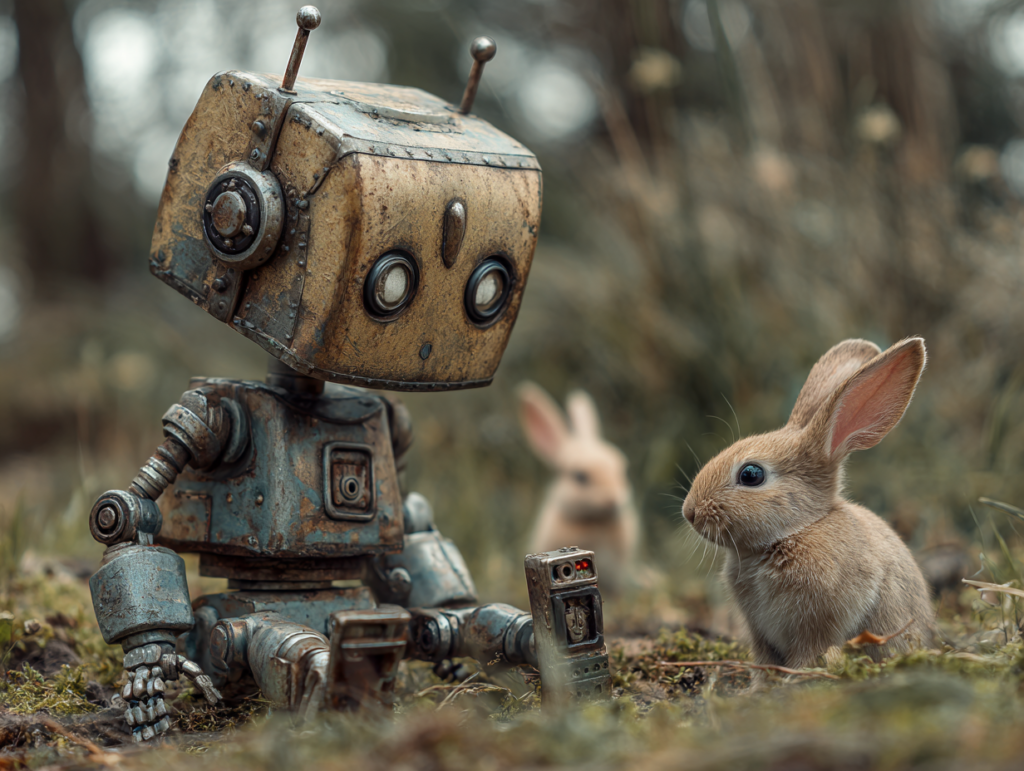 Small robot interacting with rabbits symbolizing curiosity and social emotional development in an AI learning environment