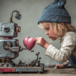 Child curiously interacting with a small robot holding a heart, symbolizing AI literacy for children and the relationship between human emotions and artificial intelligence