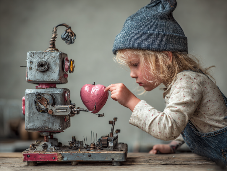 Child curiously interacting with a small robot holding a heart, symbolizing AI literacy for children and the relationship between human emotions and artificial intelligence