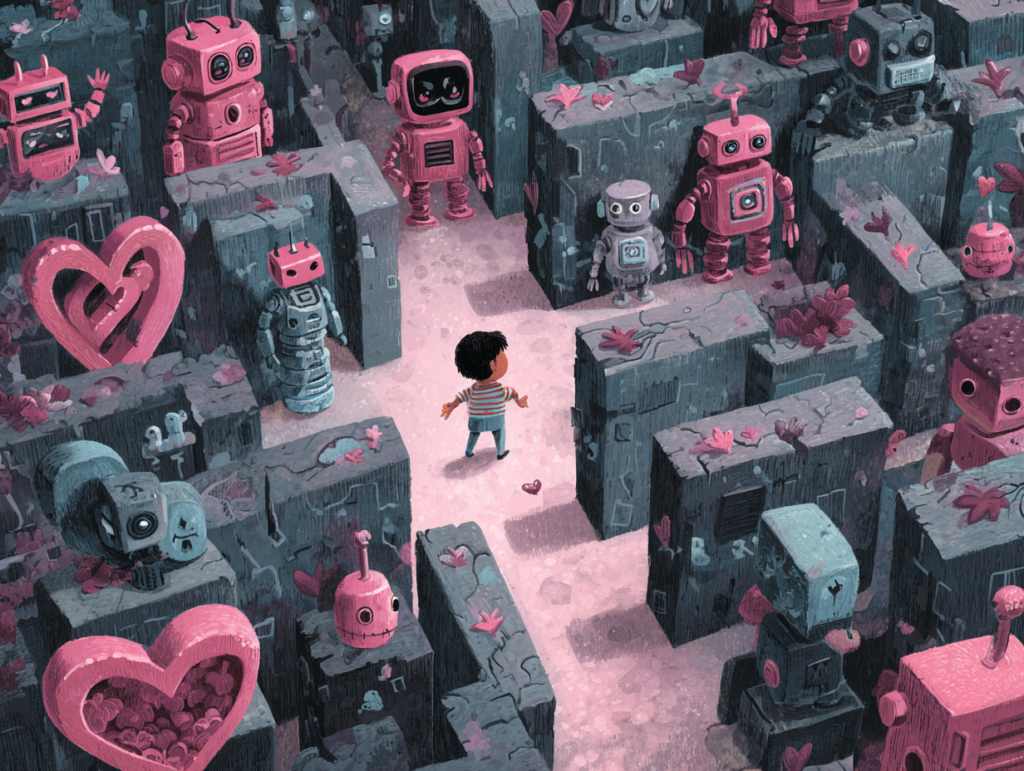 Child standing in a maze surrounded by robots and hearts, symbolizing AI literacy for children and navigating complex digital environments shaped by artificial intelligence
