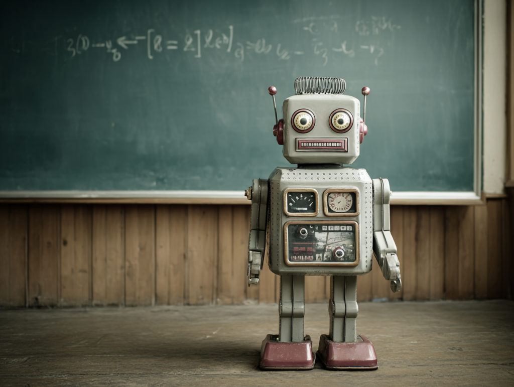Robot standing in front of a classroom board symbolizing artificial intelligence in education and the future of learning
