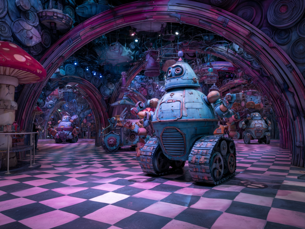 Surreal Wonderland scene with robots and mushrooms symbolizing children navigating technology and artificial intelligence while forming identity