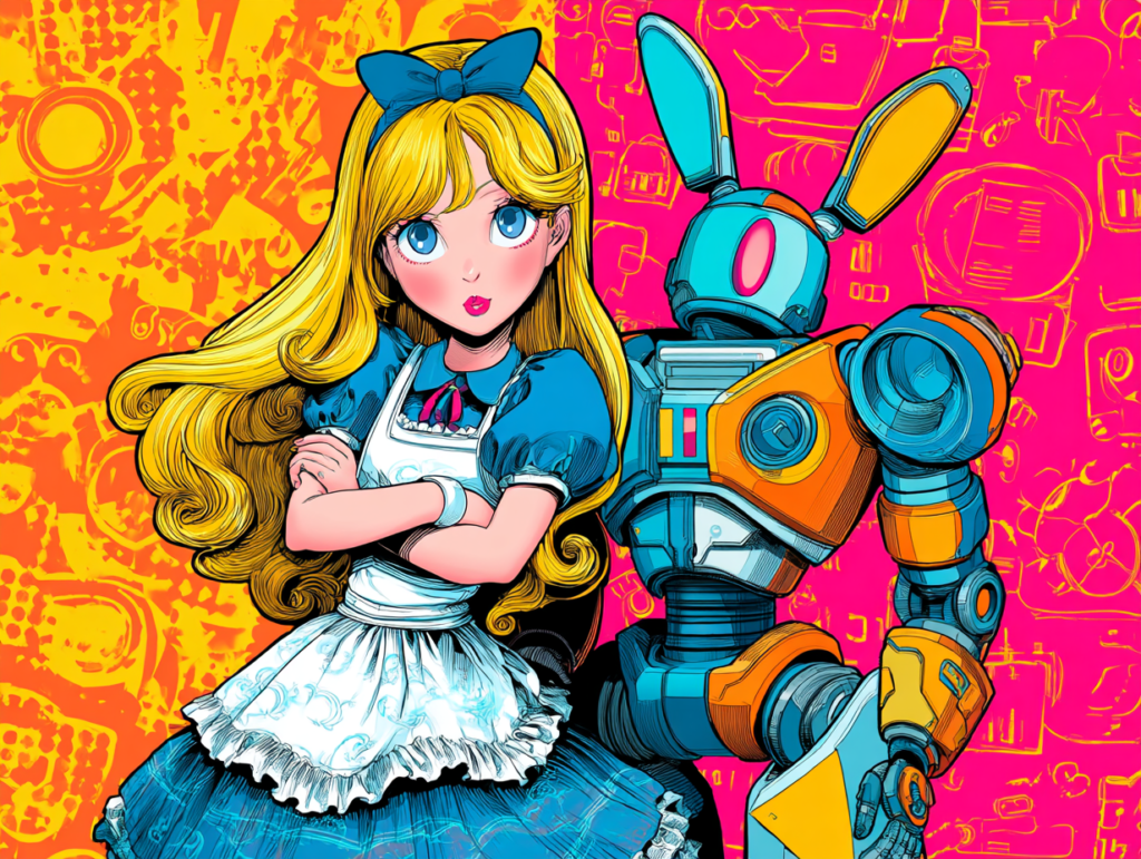 Alice-inspired child standing with a robot rabbit, symbolizing children navigating the world of artificial intelligence and developing AI literacy