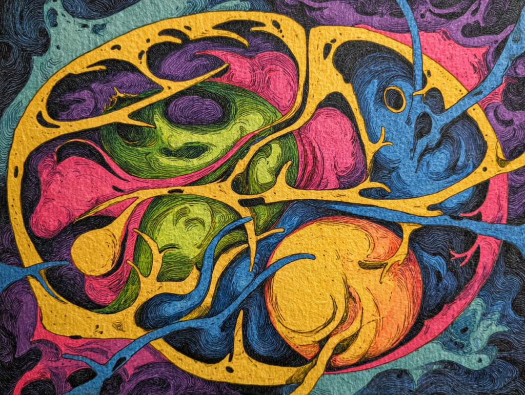 Abstract colorful illustration of a child’s brain showing fragmented and connected regions representing emotional and logical integration